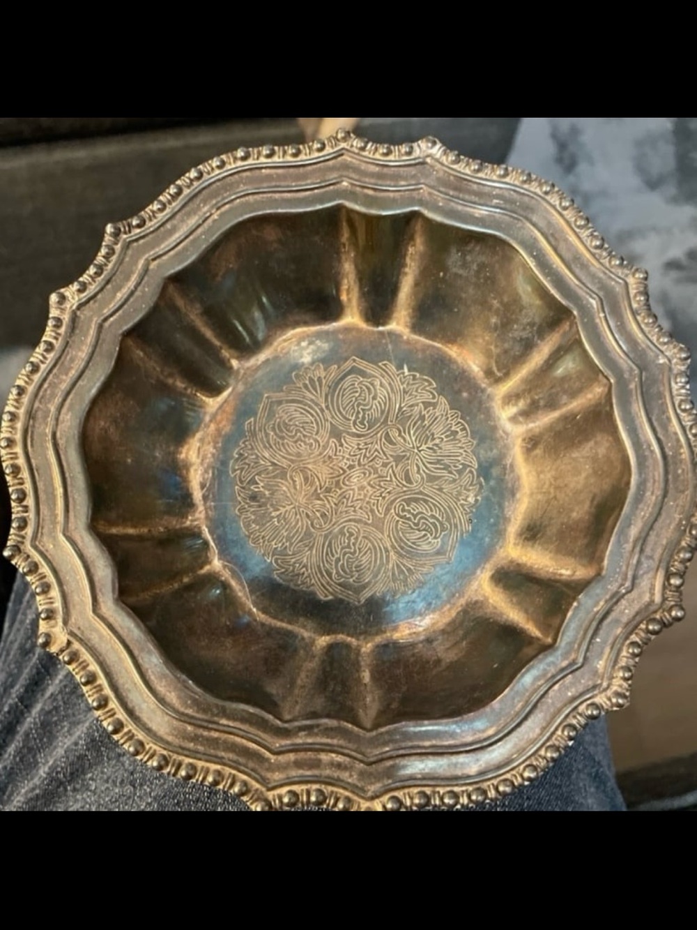 Avon Gold-Tone Scalloped Decorative Bowl with Floral Medallion